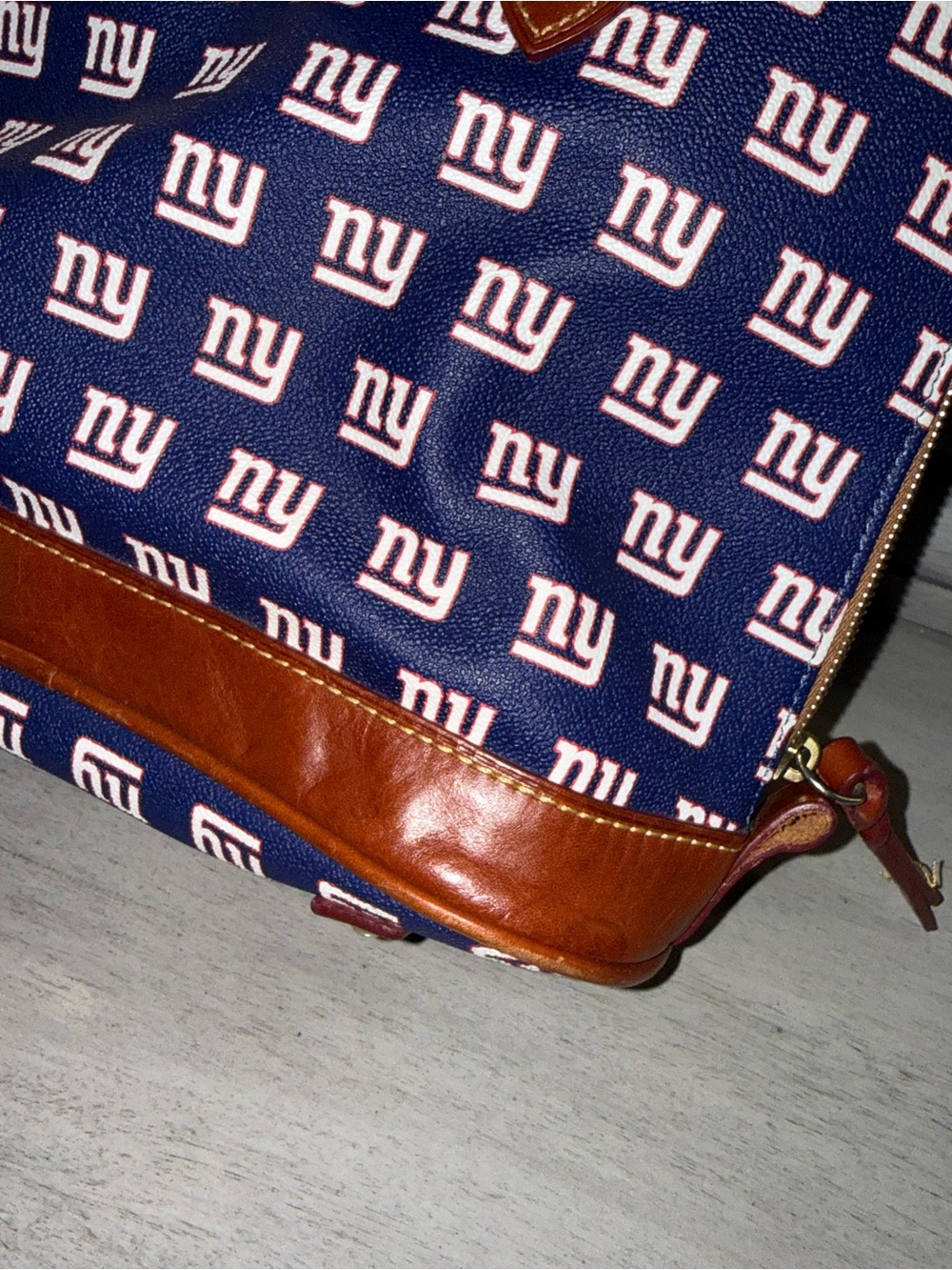 Dooney & Bourke Navy NY Giants Logo Satchel with Brown Trim and Red Interior - Picture 9 of 14